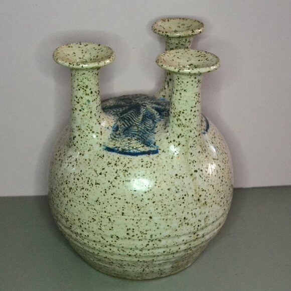 Unique Triple Neck Design Vase Studio Pottery Signed Home Decor Accent - Picture 2 of 8
